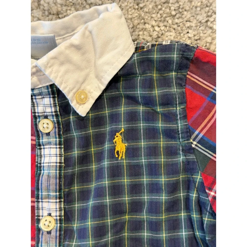 Ralph Lauren Romper Boys 9M Multi Plaid Patchwork Long Sleeve Button Down Pony